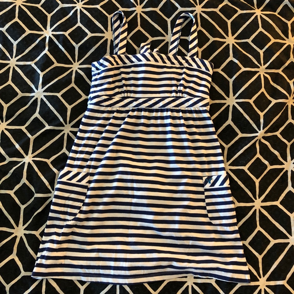Navy blue and white striped dress with pockets